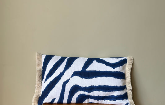 Cushion | Blue zebra linen & yellow silk